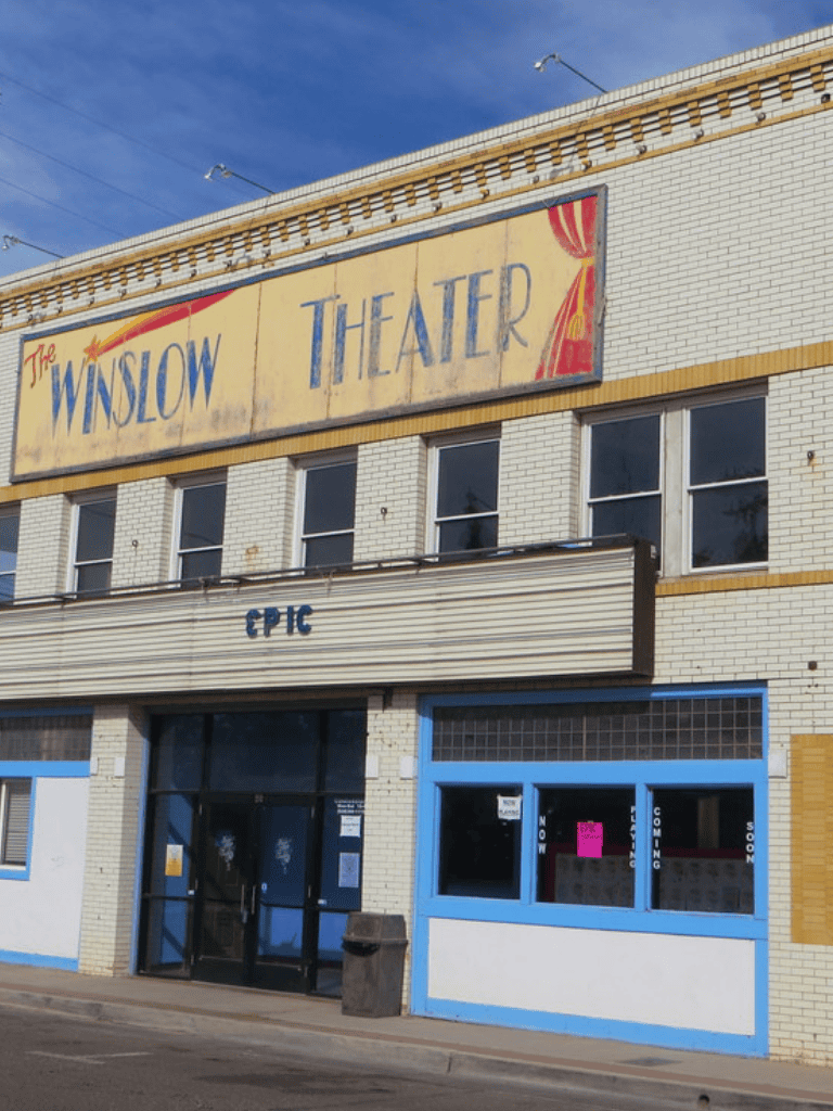 Winslow Theater marquee, historic downtown theater, nostalgic cinema, community entertainment venue, downtown Winslow AZ.