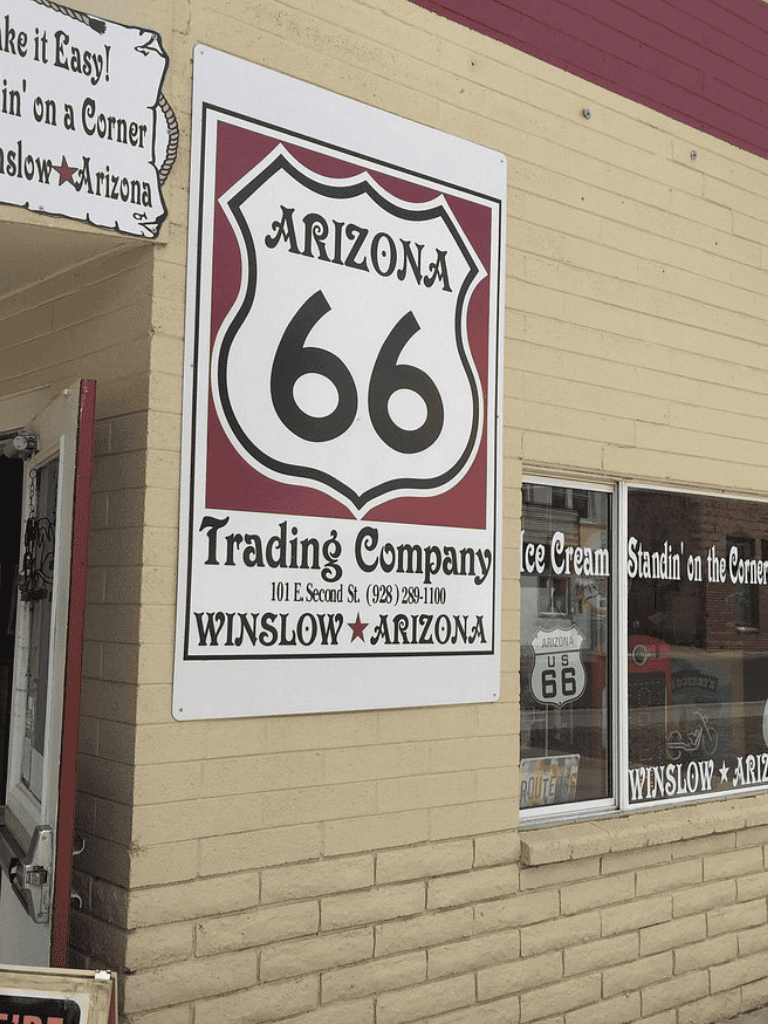 Arizona Route 66 Trading Company storefront in Winslow, AZ; iconic highway signage and local business.