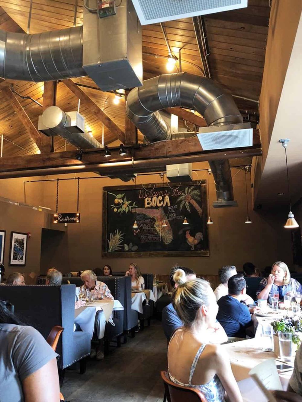 High-end restaurant interior with contemporary industrial design, exposed ductwork, and vivid dining ambiance.