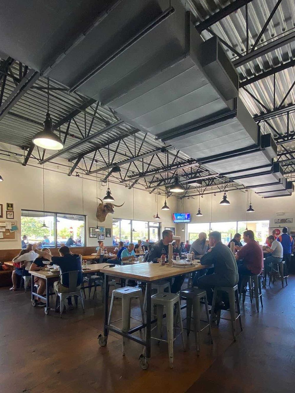 Cozy restaurant interior with industrial ceiling, featuring a buffalo skull decoration and large windows.