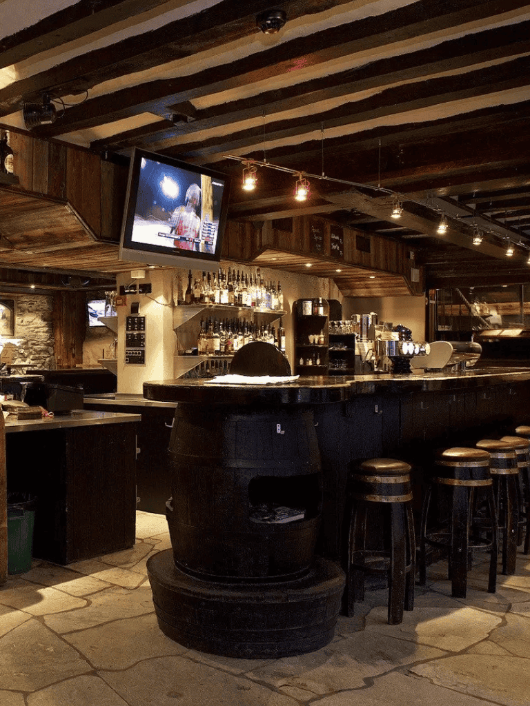 Cozy indoor bar with wooden accents, TV screen, and barstools at QuestForDirections restaurant.