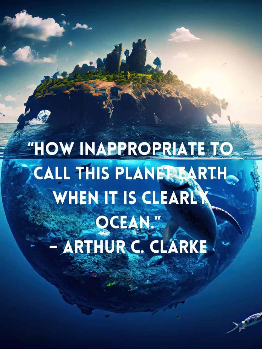 Colorful floating island with ocean and quote about Earth's oceans and exploration.