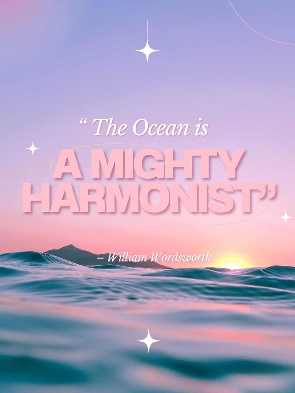 Endless ocean waves at sunrise with inspiring quote about the ocean's harmonious power.