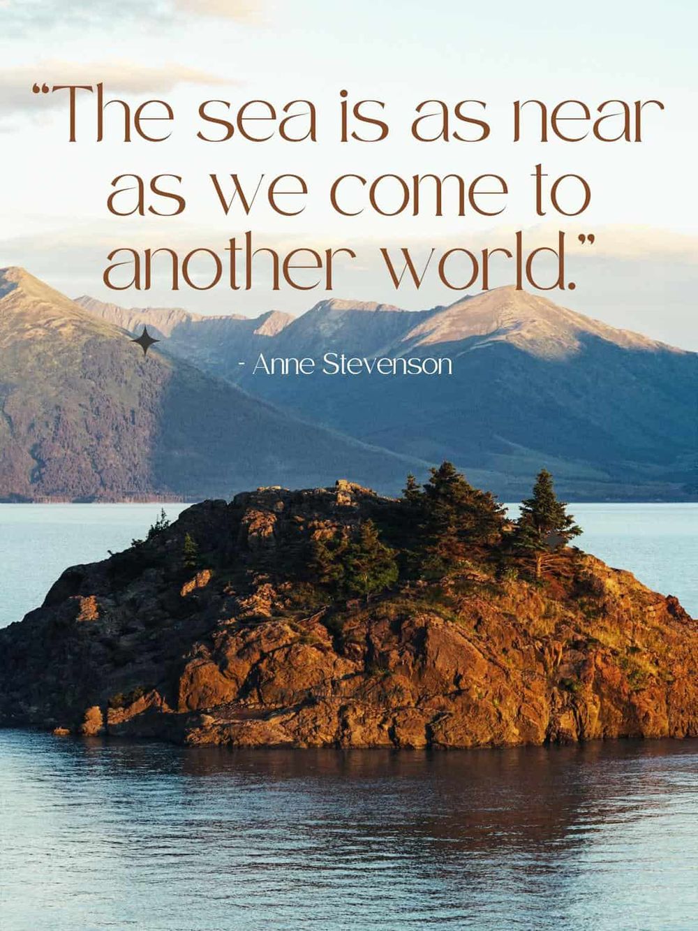 Serene mountain and sea landscape with inspiring quote about travel and discovery.