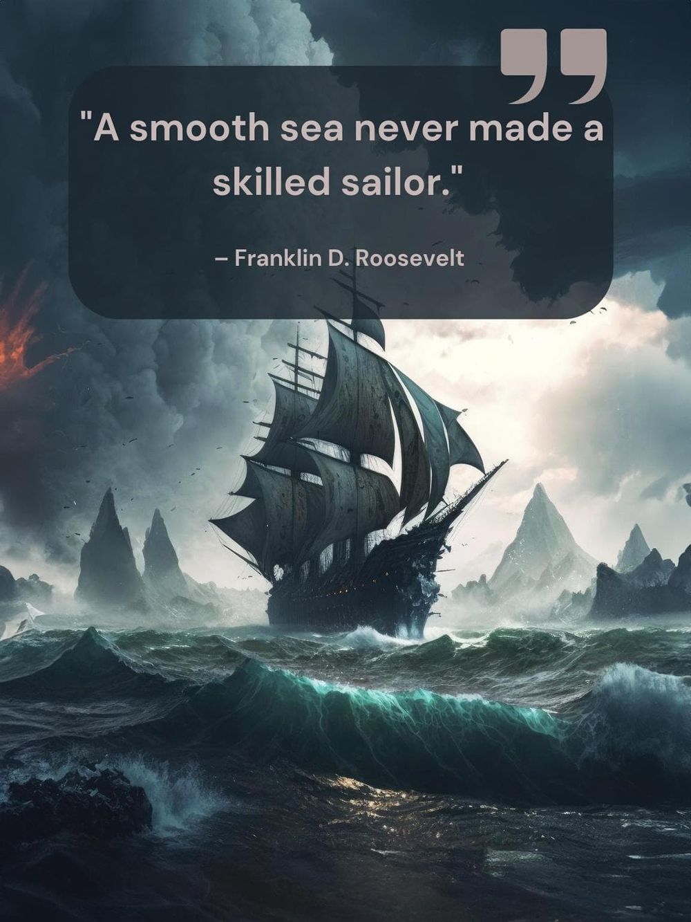 Vessel sailing through turbulent ocean waves under stormy skies with quote overlay.