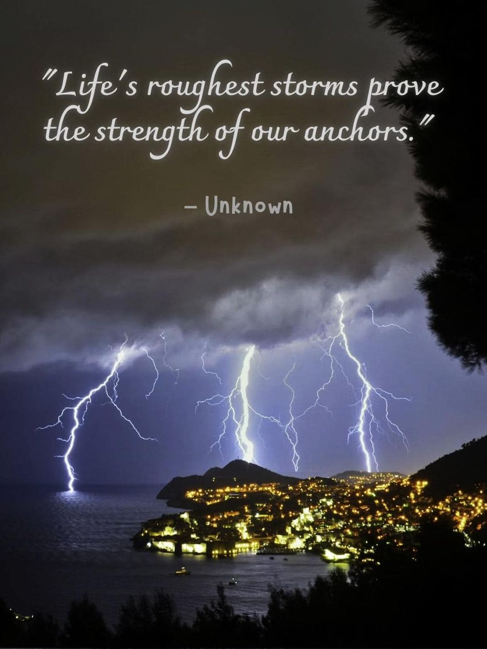 Lightning storm over a coastal town with inspirational quote about strength and resilience.