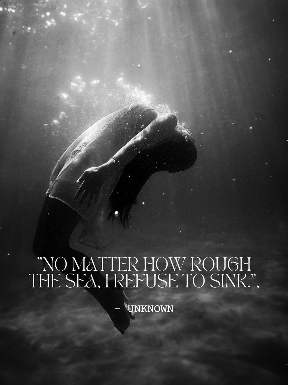 Calm woman underwater with quote about resilience and determination.