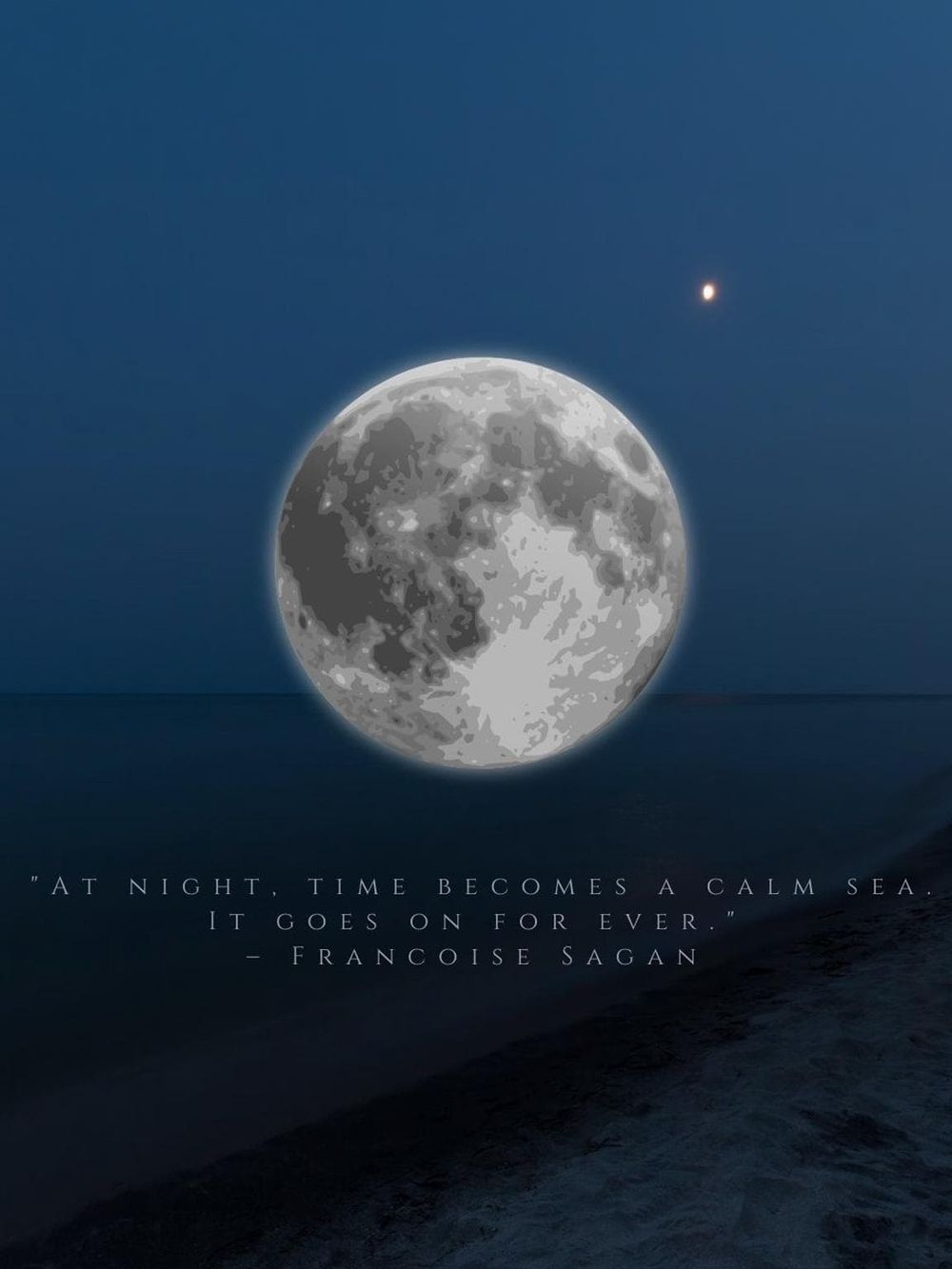Moon over calm sea at night, with a bright star in the sky, reflecting tranquility and inspiration.
