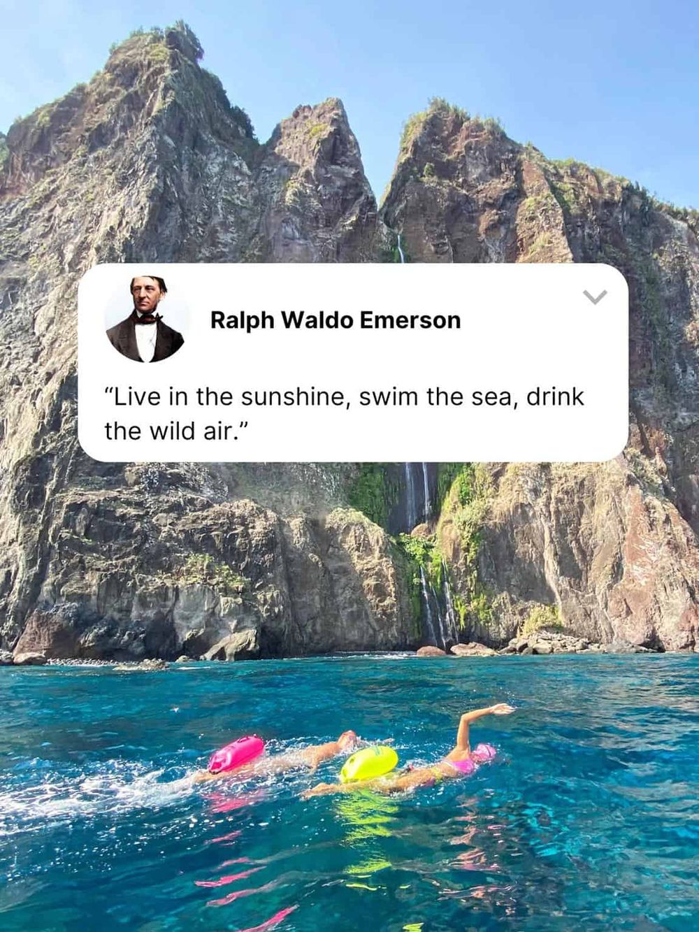 Swimmers enjoying a scenic ocean view with waterfalls and cliffs, inspired by Ralph Waldo Emerson's quote about embracing nature.
