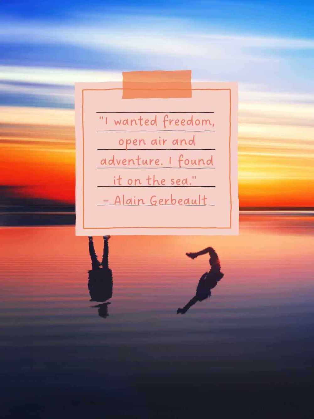 Inspirational quote on sea adventure and freedom over sunset waters, emphasizing exploration and travel inspiration.