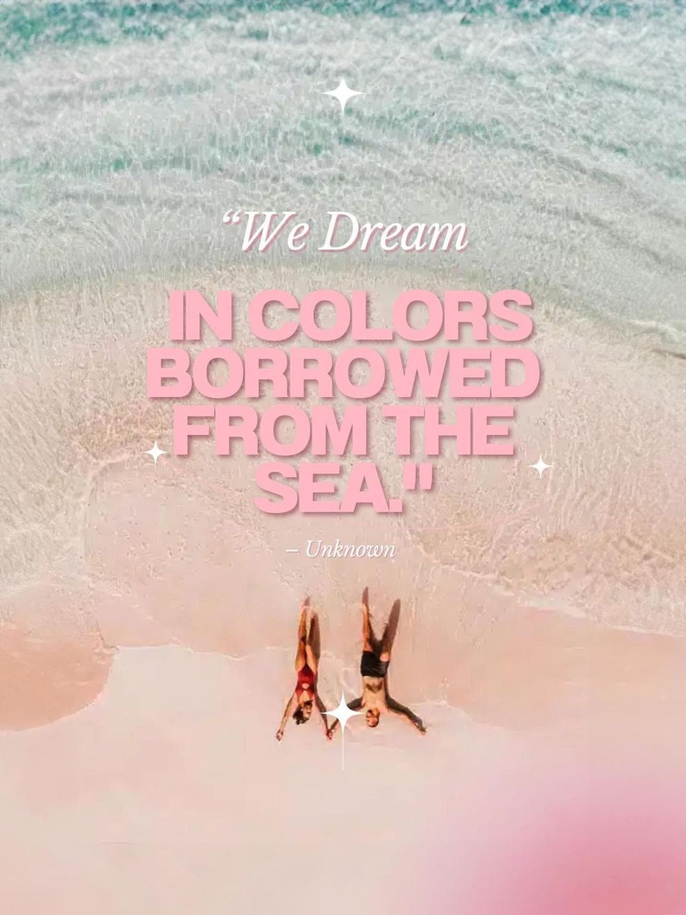 Colorful beach quote with two women lying on the sand by the sea, inspirational summer scene, vibrant ocean view.