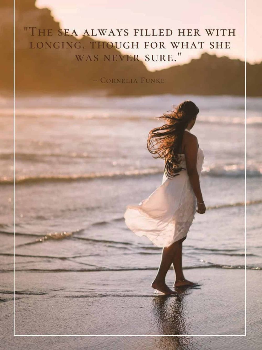 A girl walking on the beach at sunset, ocean waves and cliffs in background, reflecting peaceful seaside adventure.