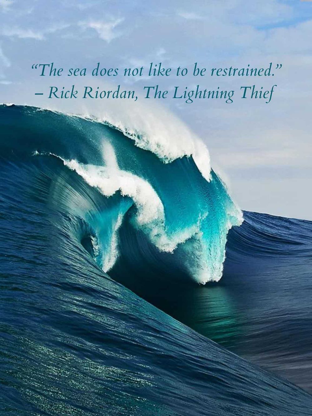 Vibrant ocean wave with inspiring quote about the sea, emphasizing adventure and exploration.