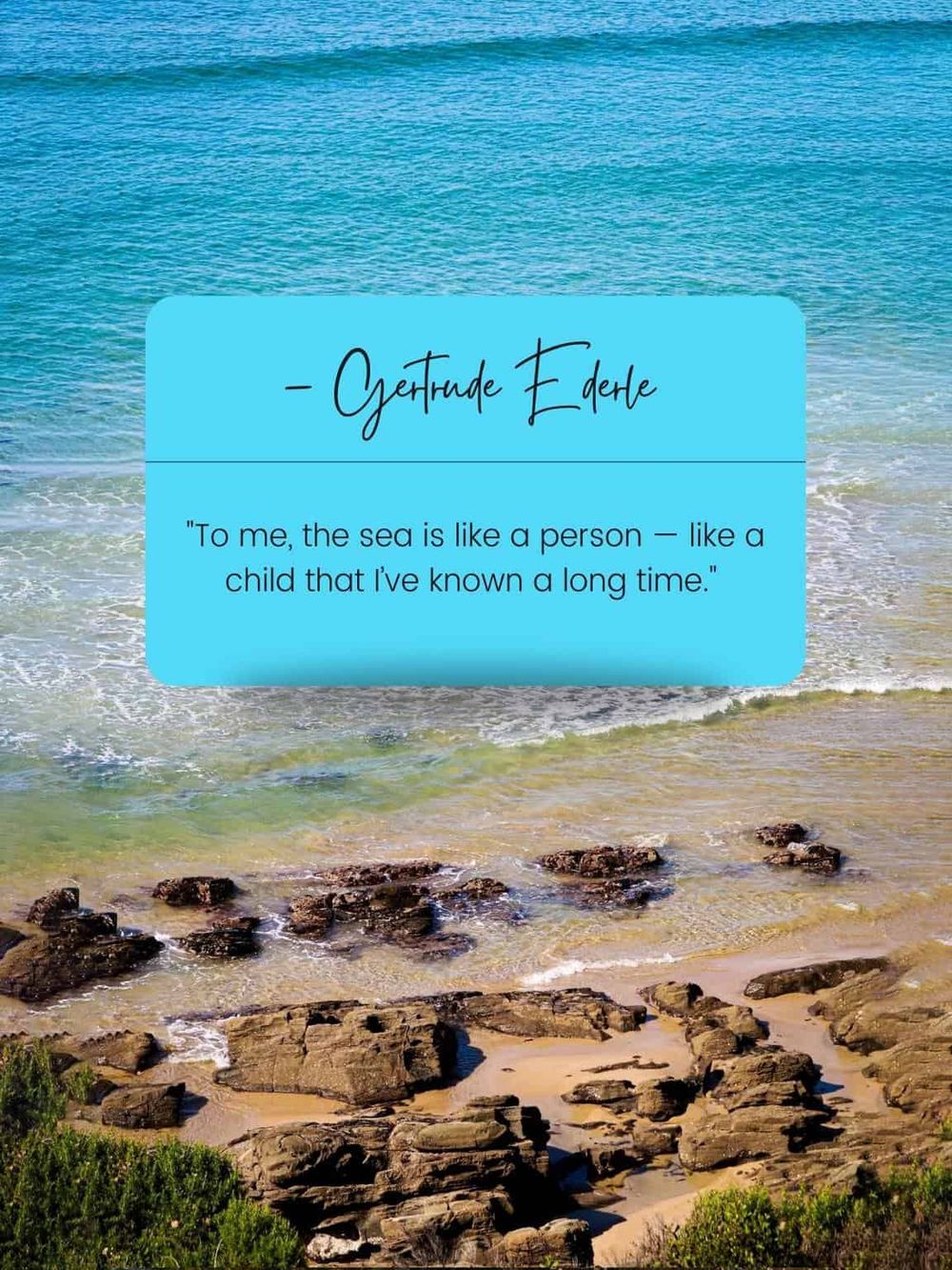 Serene beach scene with quote about the sea by Oyutude Elke, showcasing tranquil waters and rocky shoreline.