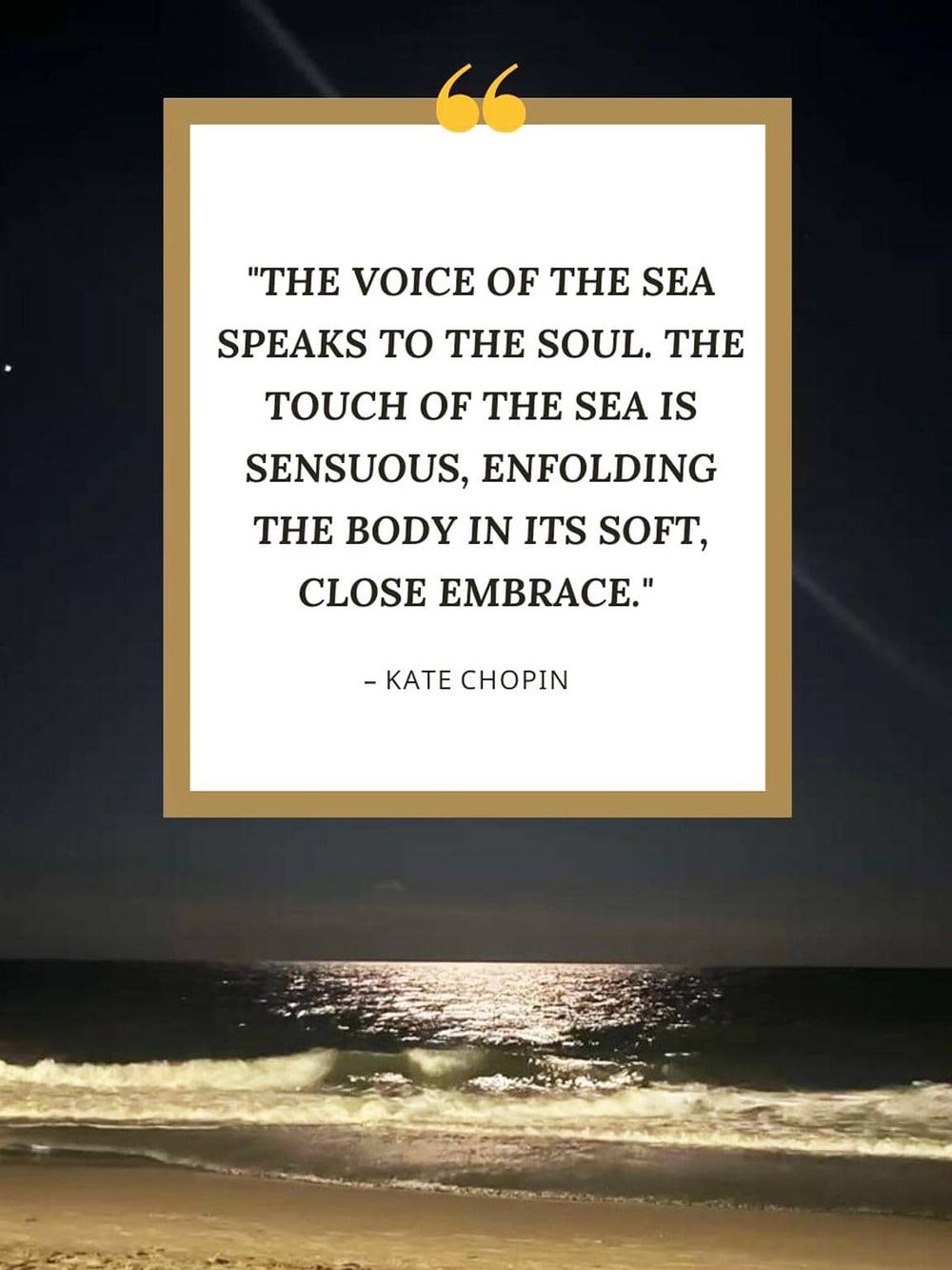 Sea view quote on a beach at night with ocean waves.