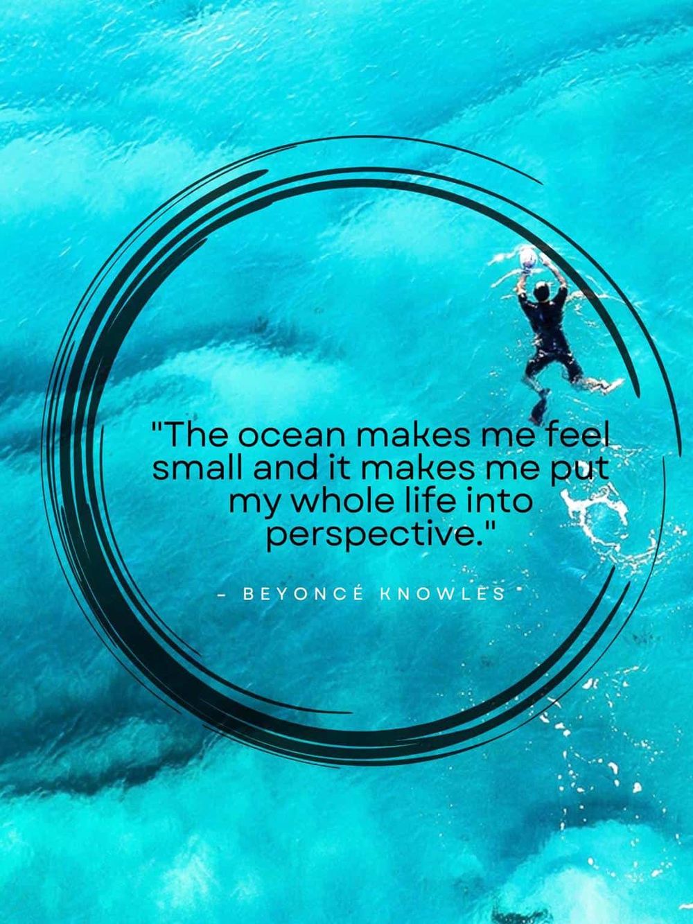 Ocean swimmer jumping into the water with a motivational quote about perspective and the ocean.