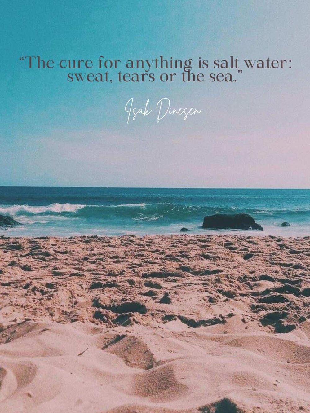 Peaceful beach scene with quote on ocean and sand, inspiring relaxation and mindfulness.