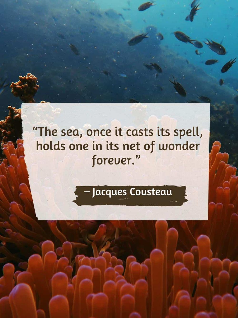 Vibrant underwater coral reef with fish, inspiring quote about the sea by Jacques Cousteau.