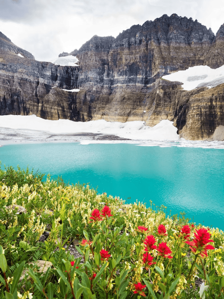 Vibrant wildflowers in front of a turquoise lake with towering rocky mountains and snow patches in the background.