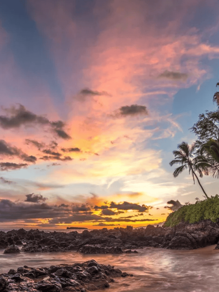 Stunning sunset over tropical beach with palm trees and rocks, serene coastal scenery, ideal for travel and getaway inspiration.