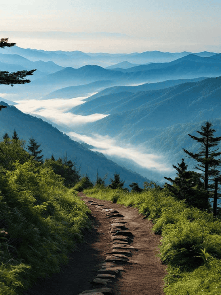 Scenic mountain trail through lush green forest with misty blue mountain ranges in background.