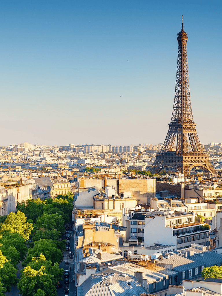 Eiffel Tower Paris cityscape overlooking rooftops and greenery, France.