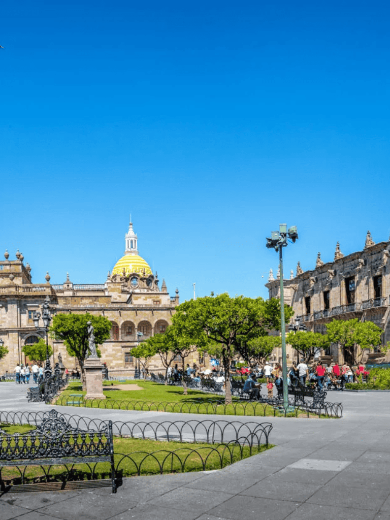 Historic city square with green trees, iconic domed architecture, and vibrant street life, ideal for travel navigation.