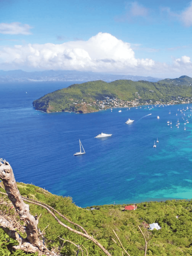 Breathtaking island view with sailboats and lush green landscape in clear blue waters, perfect for travel and sailing adventures.