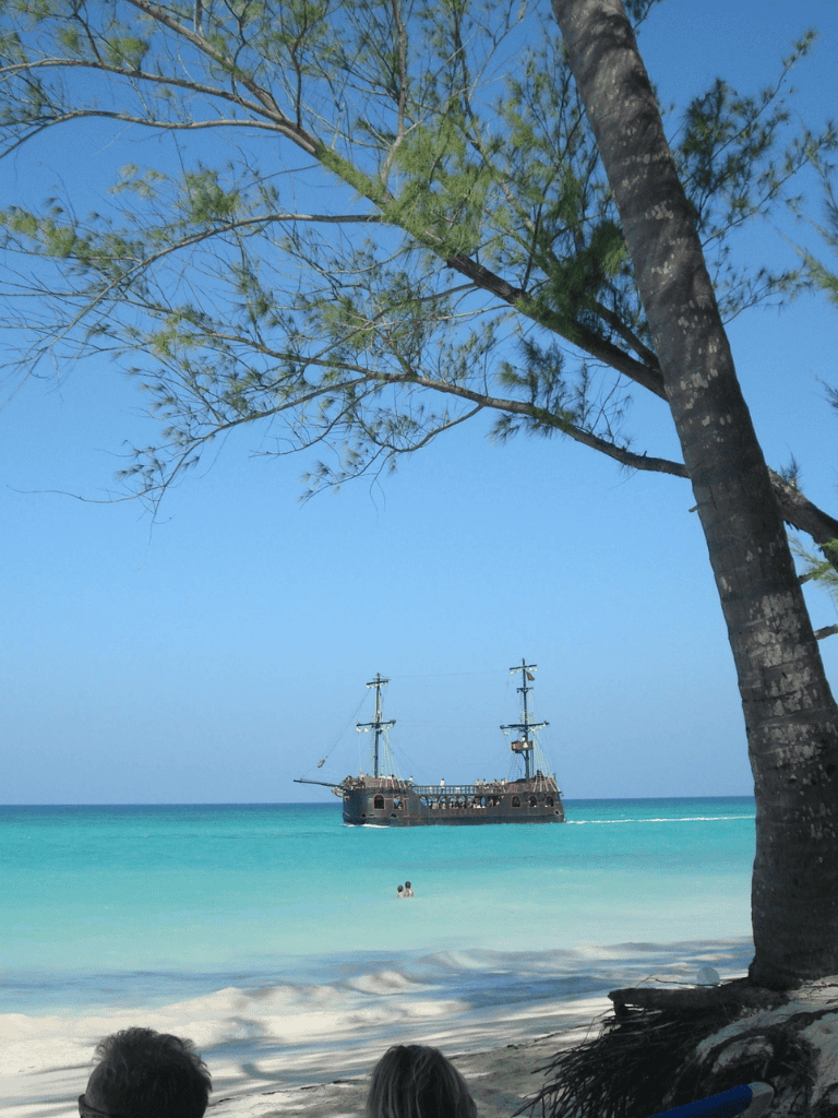 Shipwreck on tropical beach with clear turquoise water and palm trees.