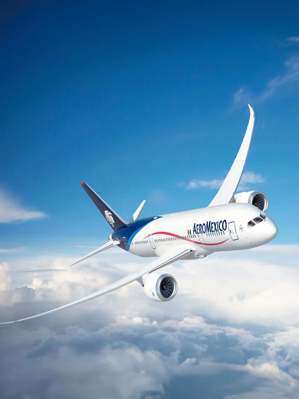 Modern AeroMexico airplane flying above clouds, aerial view, commercial jet in flight, travel, transportation, airliner, sky, aviation, airline.
