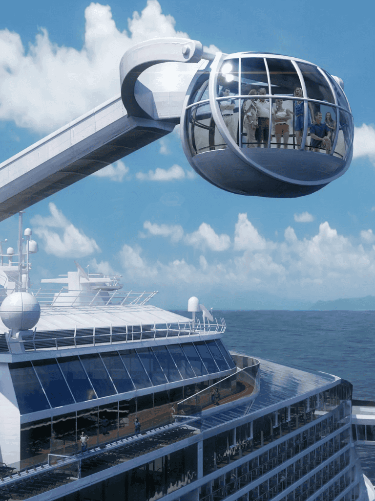 Luxury cruise ship with observation pod and ocean view, tropical weather, and modern amenities.
