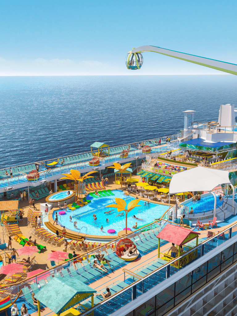 Colorful cruise ship deck with swimming pools, water slides, and ocean views, perfect for luxury travel and entertainment.
