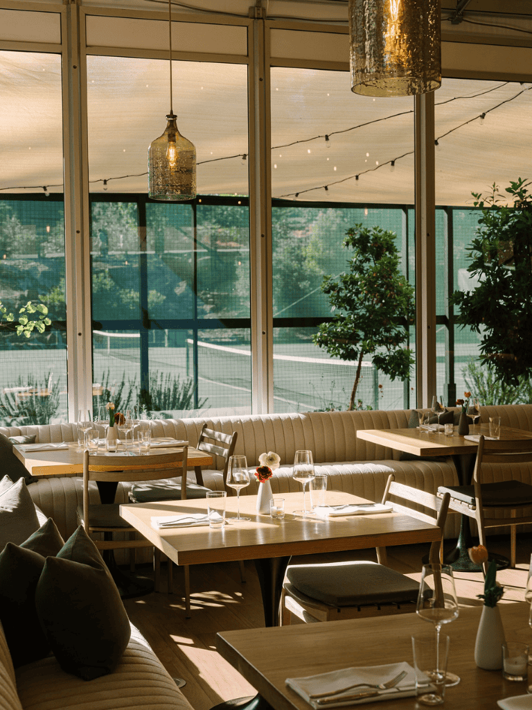 Bright restaurant interior with large windows, stylish tables, and cozy decor for dining.