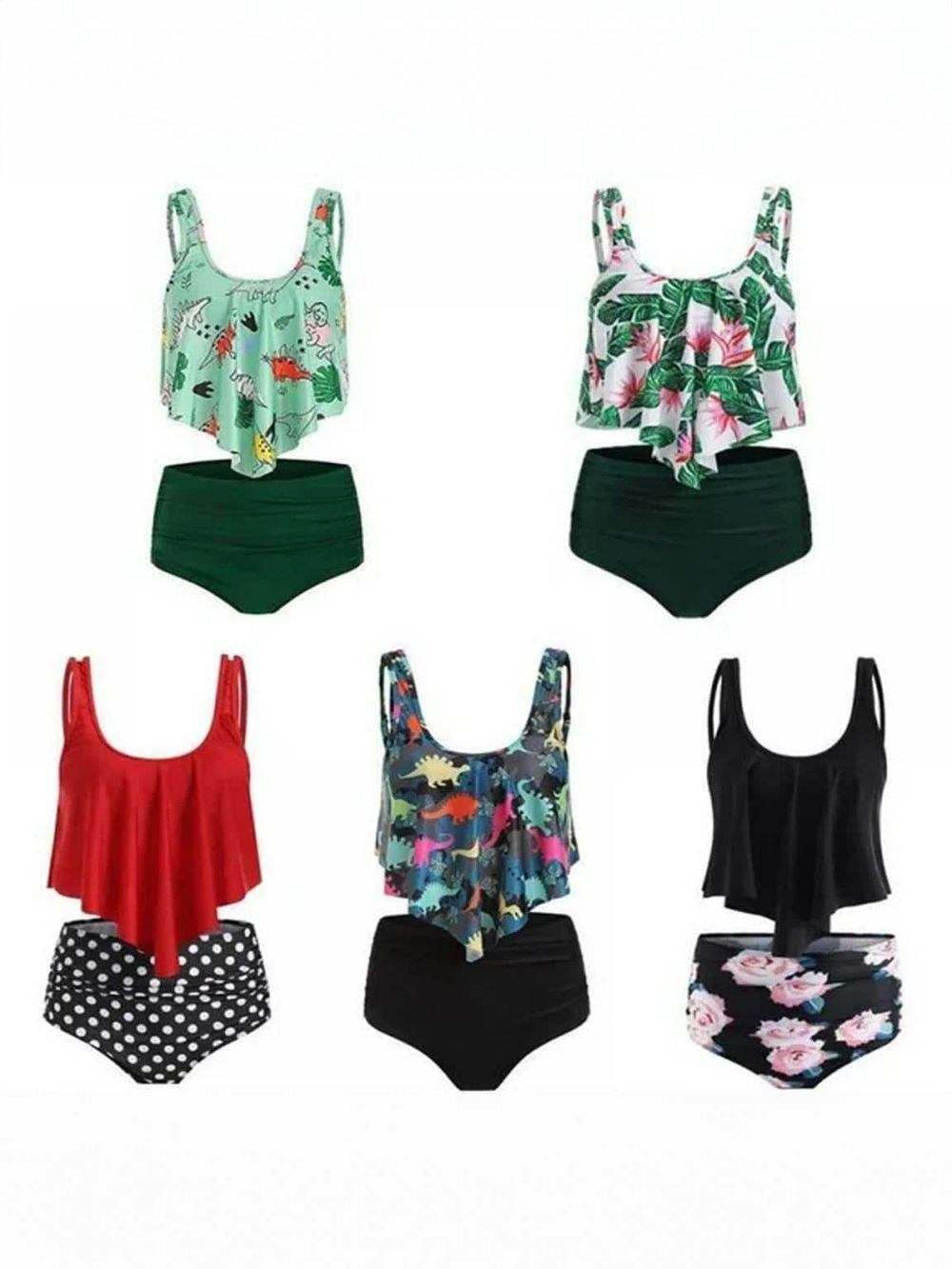 Colorful women's tankini swimsuit set with floral, dinosaur, polka dot, and tropical prints. Mix and match for summer beachwear.
