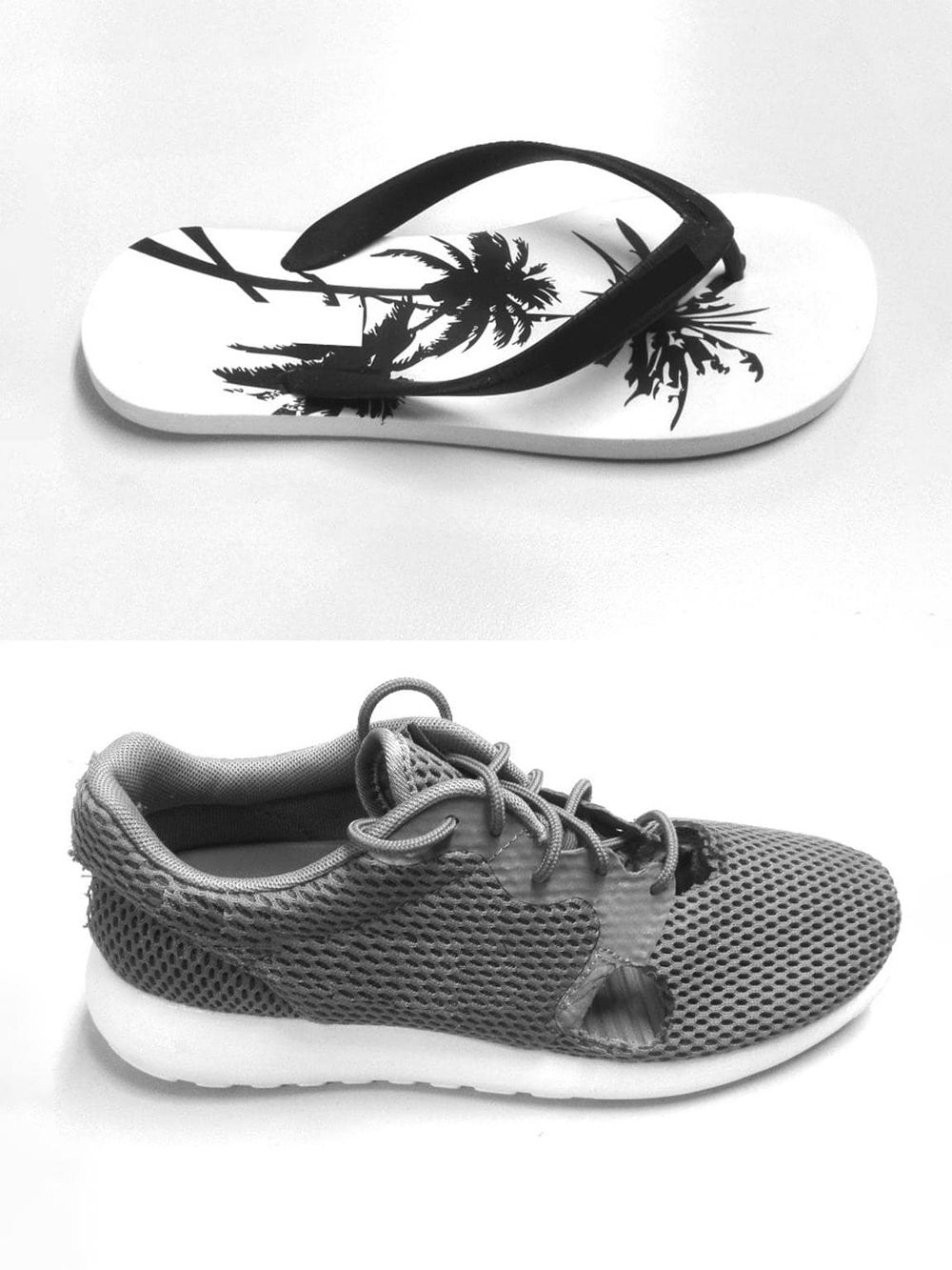 Flip flop sandal with palm tree design for beach or casual wear.