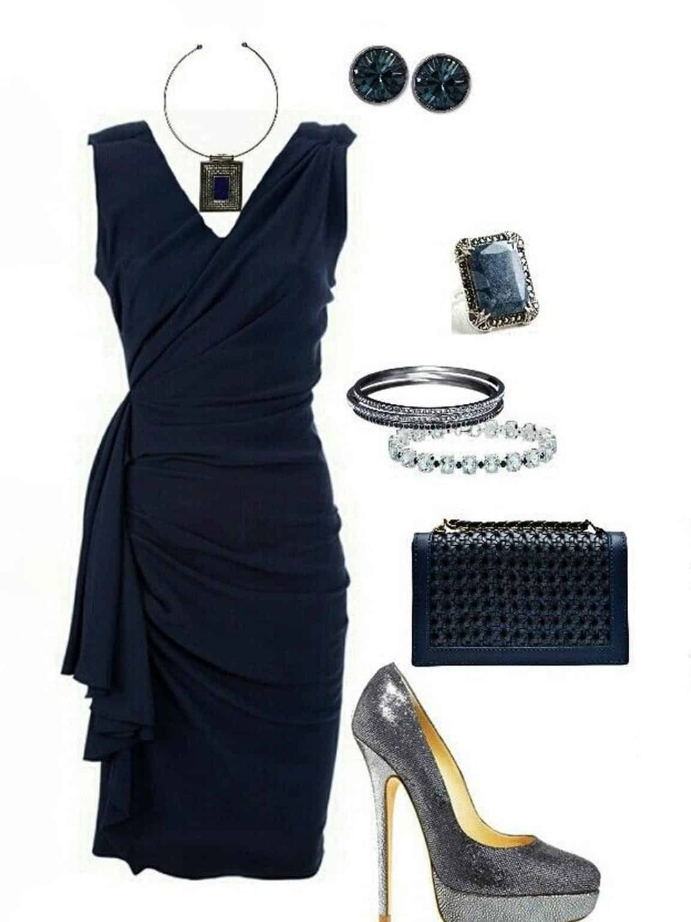 Elegant navy evening dress with matching jewelry and accessories for formal events.