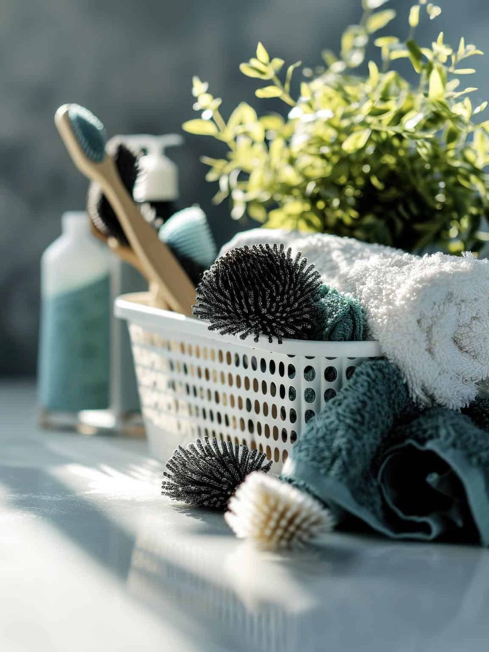 Soft-bristled hairbrushes, towels, and grooming supplies in a white basket with a green plant in the background.