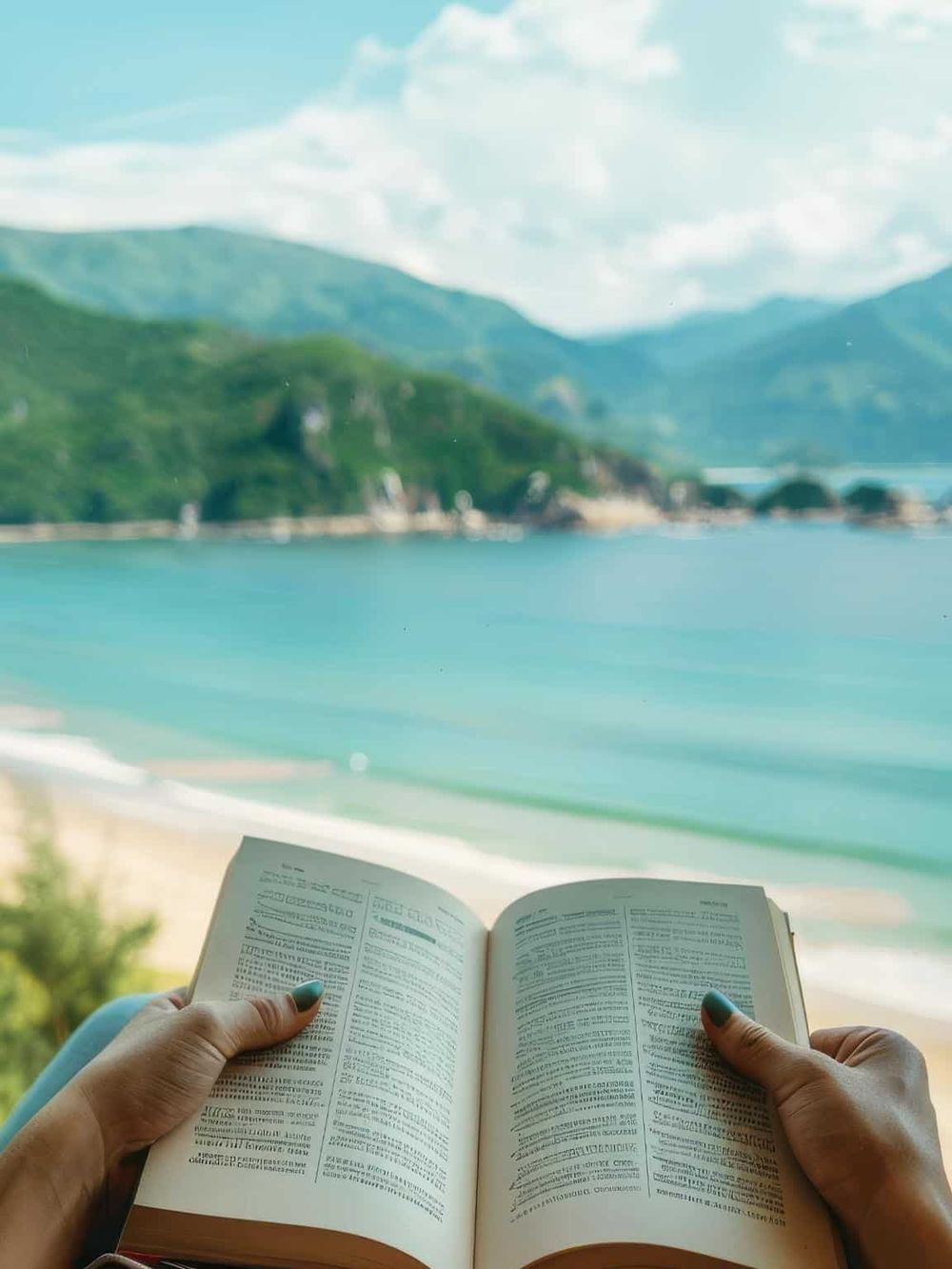 Serene coastal scenery with a person reading a book overlooking turquoise water and lush green hills.