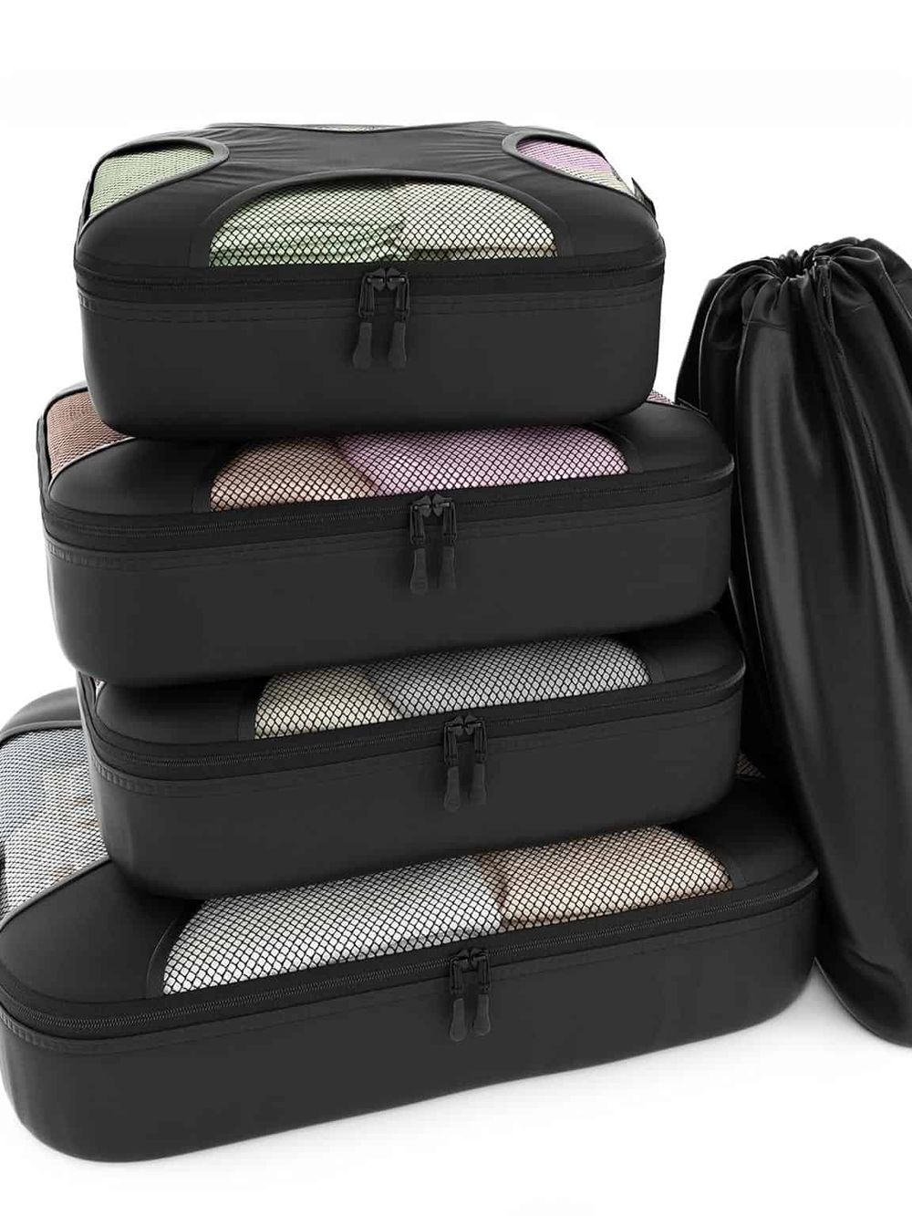Stylish black travel packing cubes for organization and travel convenience.