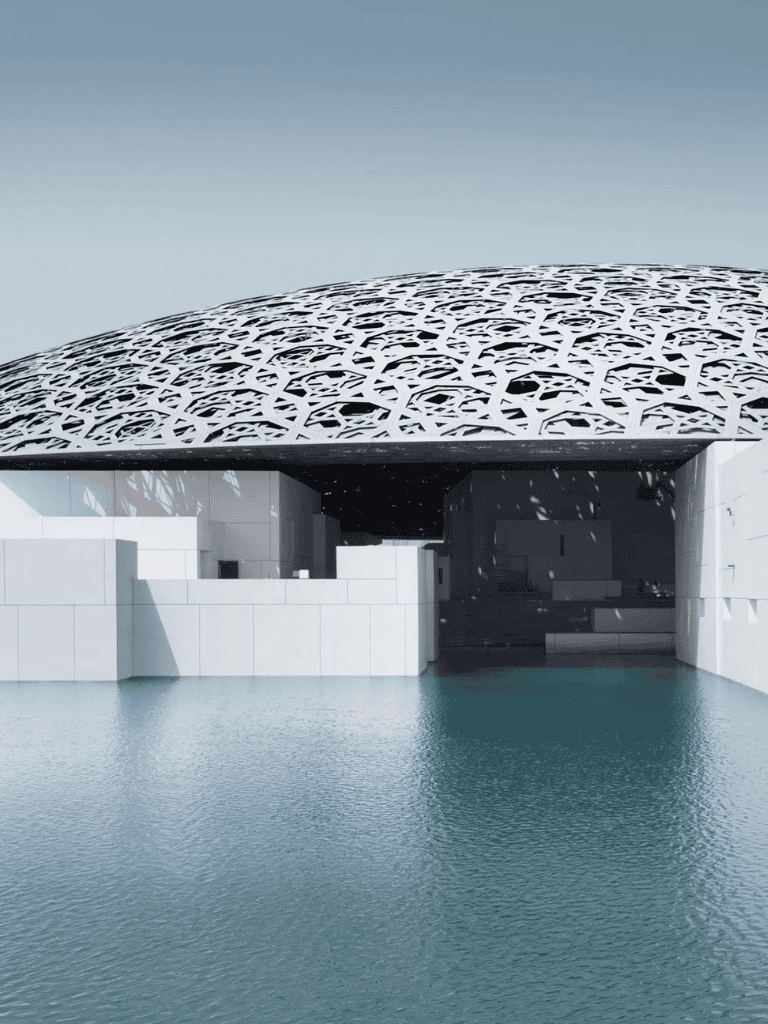 Futuristic building with geometric patterned roof on water, modern architecture, QuestForDirections.