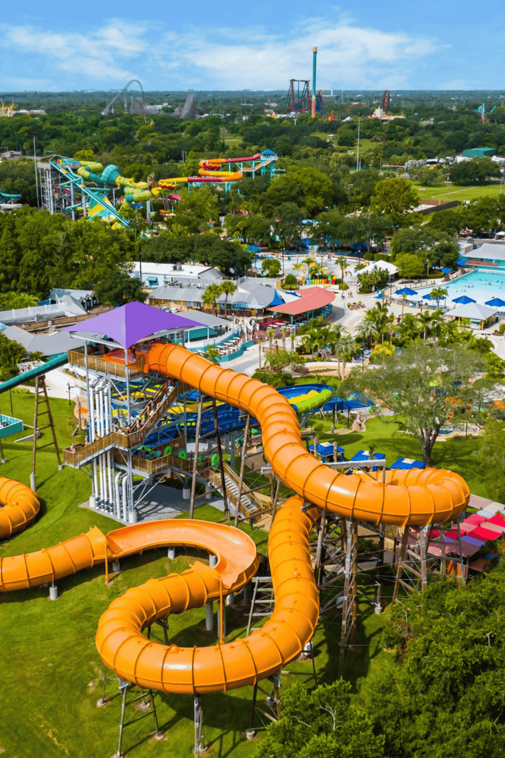 Thrilling water park with colorful slides and lush greenery, perfect for family fun and adventure.