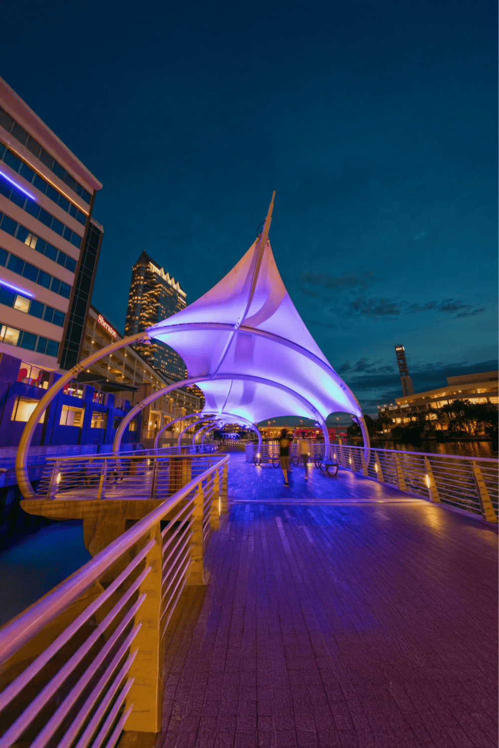 Colorful lit waterfront pavilion at night in downtown Tampa, Florida.