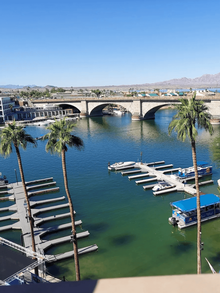 Palm trees and marina on a sunny day with bridge in background for QuestForDirections.