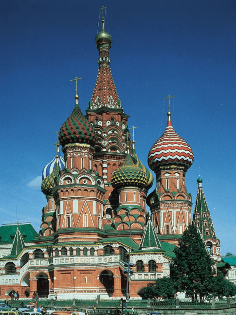 Colorful Saint Basil's Cathedral in Moscow, Russia, with vibrant onion domes.