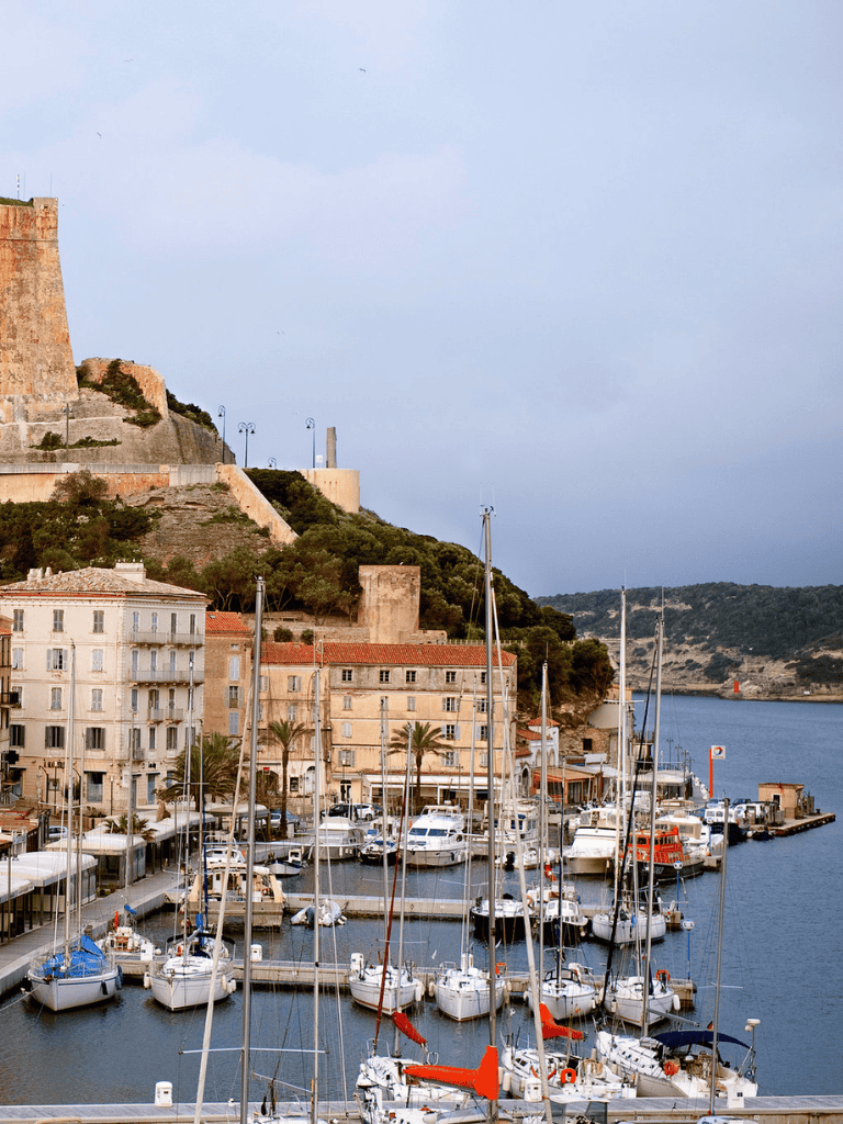 Colorful marina filled with sailboats and yachts overlooking historic Mediterranean buildings and a castle on a hill.