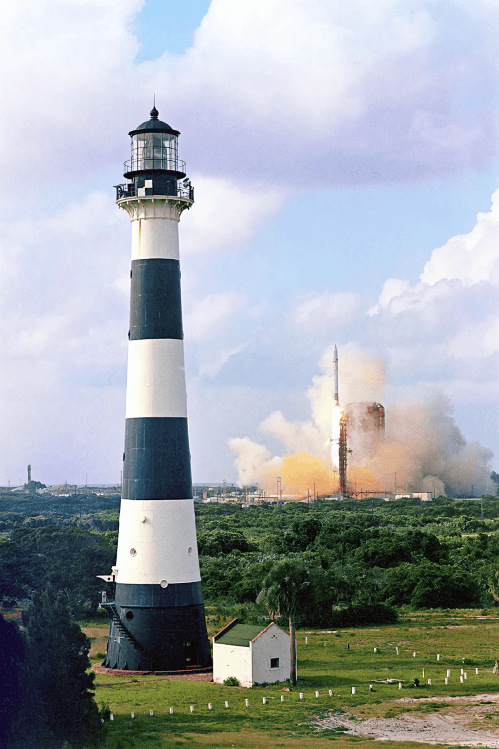 Lighthouse lighthouse with rocket launch in background, space exploration, navigation, QuestForDirections.