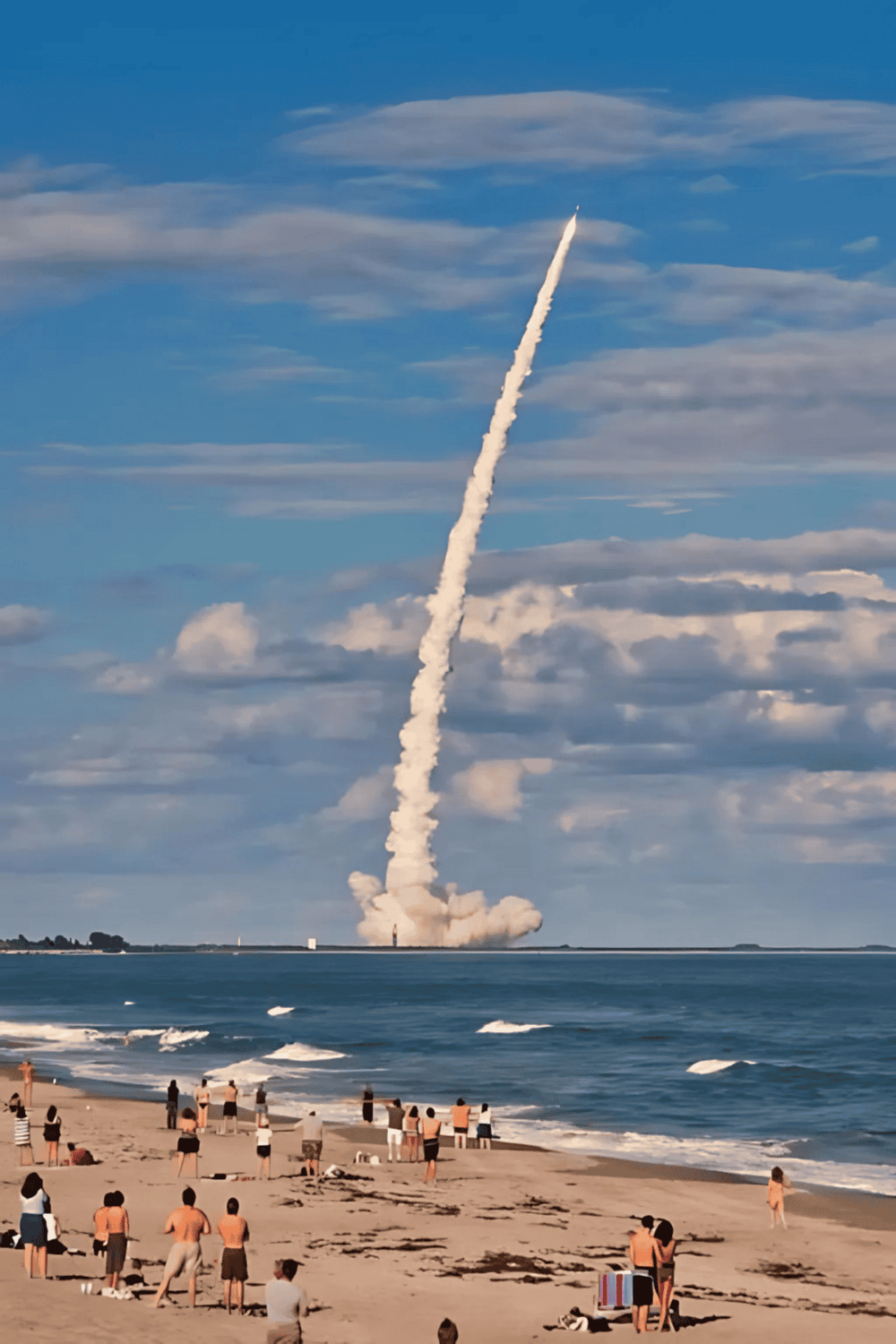 Rocket launch over the ocean with spectators on the beach, showcasing space exploration and adventure.