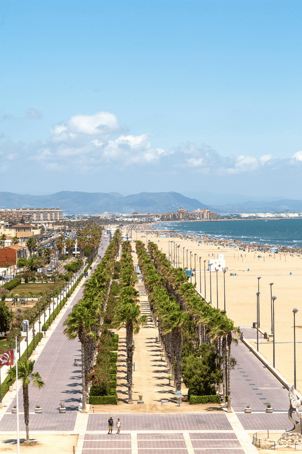 Scenic oceanfront walkway with palm trees, city skyline, and mountains in the background. Perfect for travel and vacation planning.