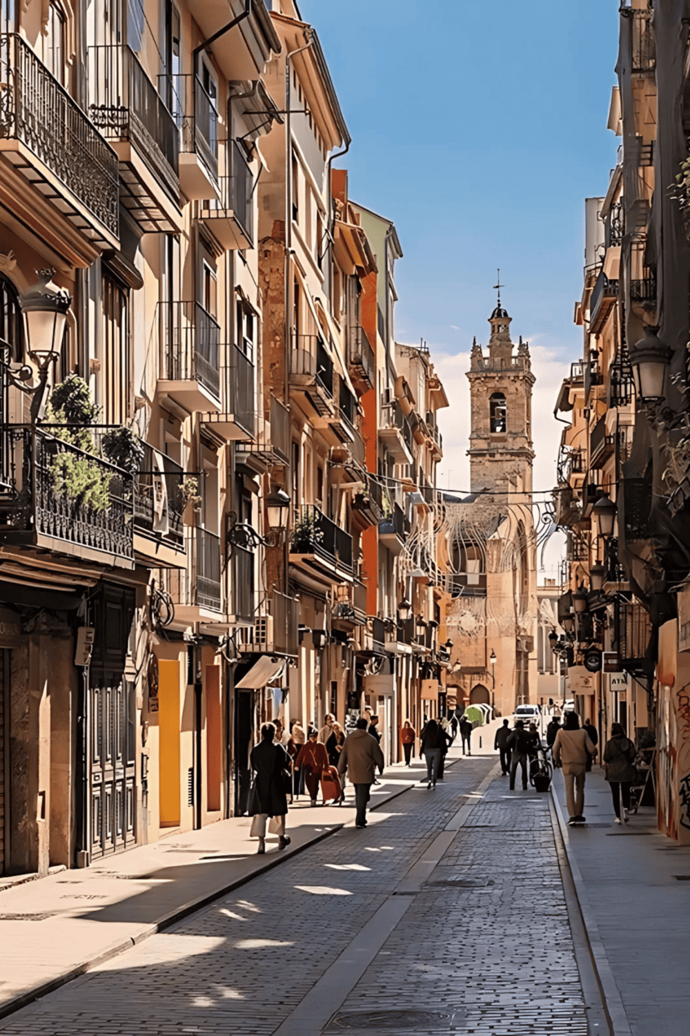 Charming European street with historic architecture, vibrant community, and iconic church tower.