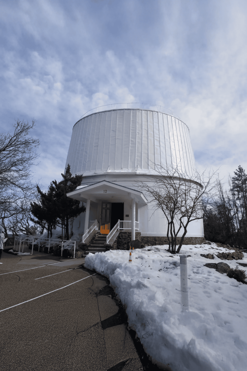 Clear night telescope observatory, snowy landscape, Quest For Directions, astronomical research, planetarium, outdoor location, cold weather setup.